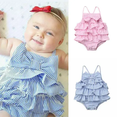 

PUDCOCO Summer Newbron Baby Girls Ruffle Stripe Romper Bodysuit Sunsuit Outfits 0-18M FT32491