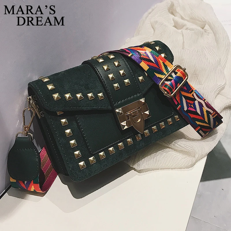 Mara's Dream Women Plap Bags Solid PU Leather Rivets Shoulder Bags Women Colorful Wide Shoulder Strip Handbags Crossbody Bags