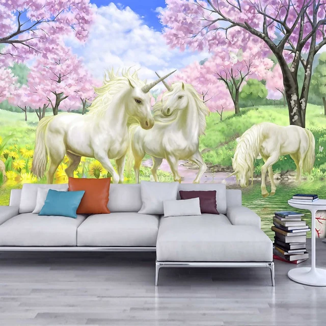 Custom Mural Wallpaper European Fantasy Style Fairy Tale Cartoon Custom Mural Wallpaper European Fantasy Style Fairy Tale Cartoon Unicorn Cherry Blossom Wall For Kids