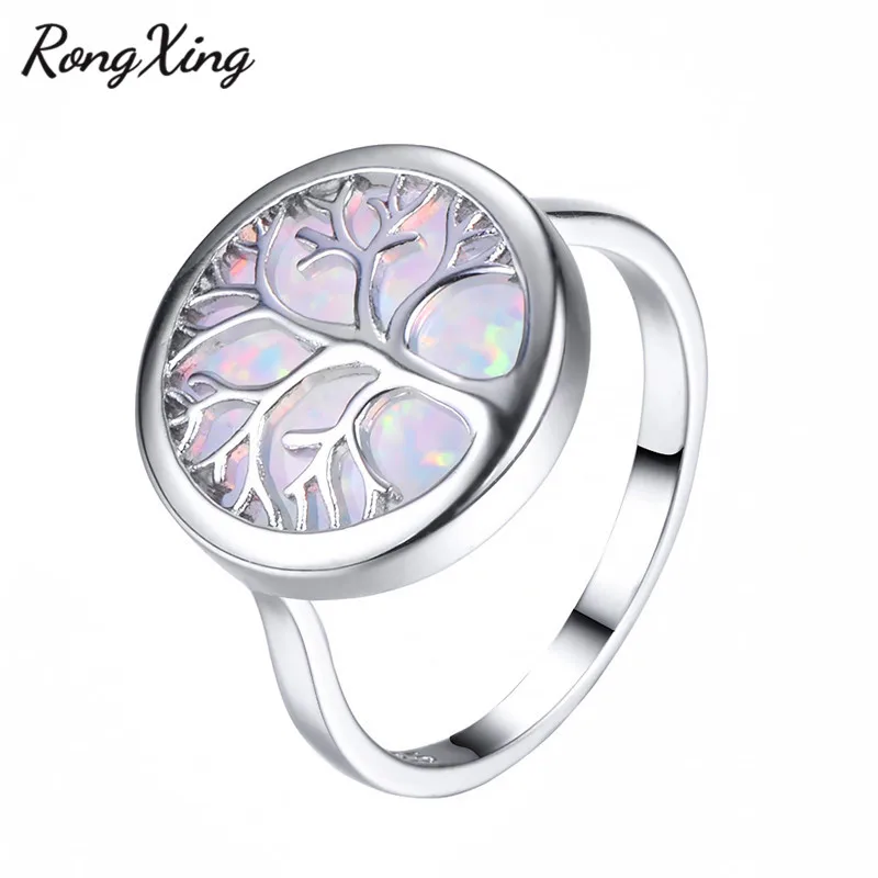 

RongXing Big Rainbow Stone White Fire Opal Birthstone Life Tree Rings For Women 925 Sterling Silver Filled New Year Gifts RS0225