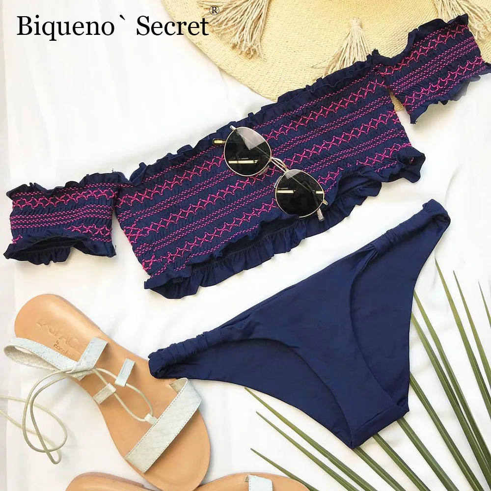 

Vintage Bandeau Bikinis Maillot De Bain Low Waist Swimming Suit For Women Smocked Push Up Brazilian Bikini Set Bathing Suit 2018