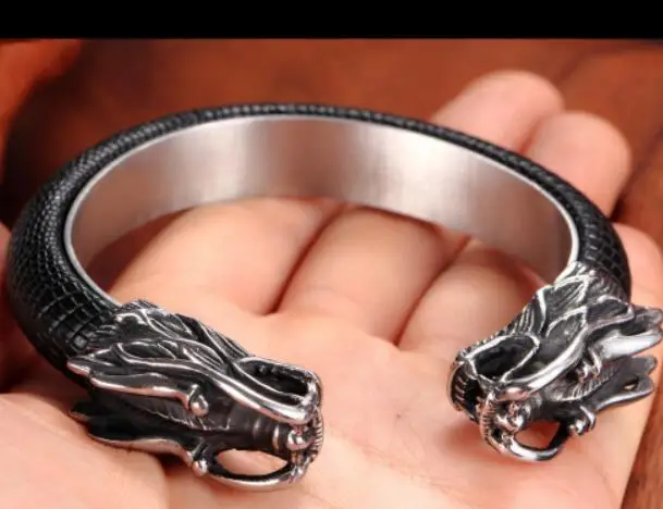 Высококачественный Браслет из натуральной кожи из нержавеющей стали, Байкерский браслет с драконом, мужской Рождественский подарок