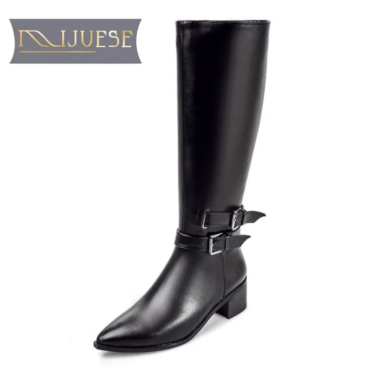

MLJUESE 2018 women Knee-high boots cow leather autumn spring black color buckle strap high heels women high boots female boots