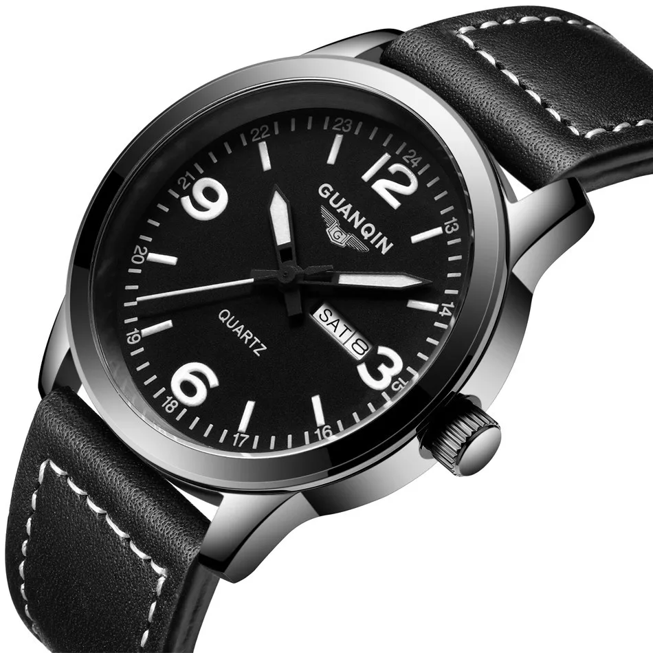 Новинка GUANQIN Мужские Бизнес часы Топ бренд класса люкс водонепроницаемые неделя Дата Топ бренд класса люкс кожаный ремешок кварцевые часы Montre Homme