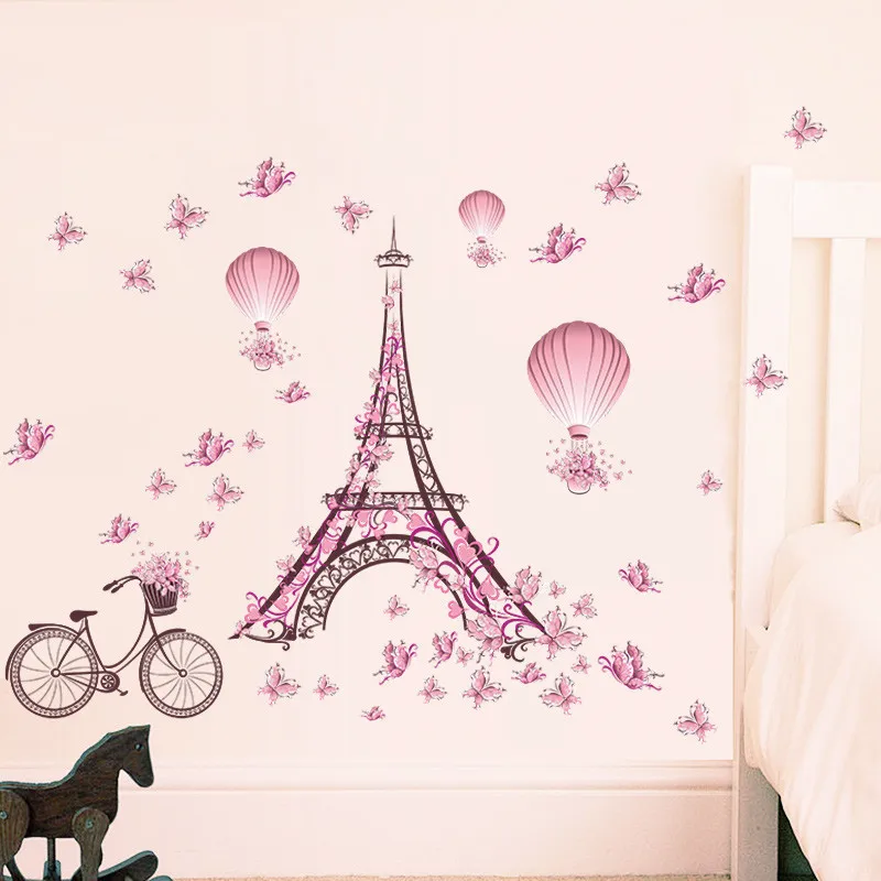 

Romantic Eiffel Tower Love Couple Wall Stickers Decals Living Room Decoration Bicycle Flower Hot Air Balloon Wedding Decoration