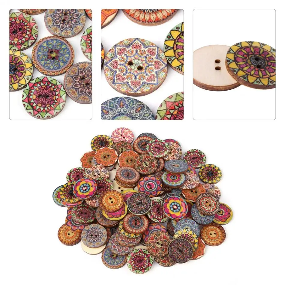 

100 Pcs Mixed Pattern Vintage Wood Buttons for DIY Sewing Craft Decorative 25mm