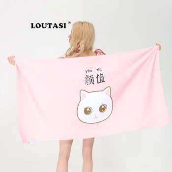 

LOUTASI Super Soft Bath Towel Cartoon Cat Printed Microfiber Quick-drying Beach Towel For Woman Yoga Mat Picnic Mat 70cmx140cm