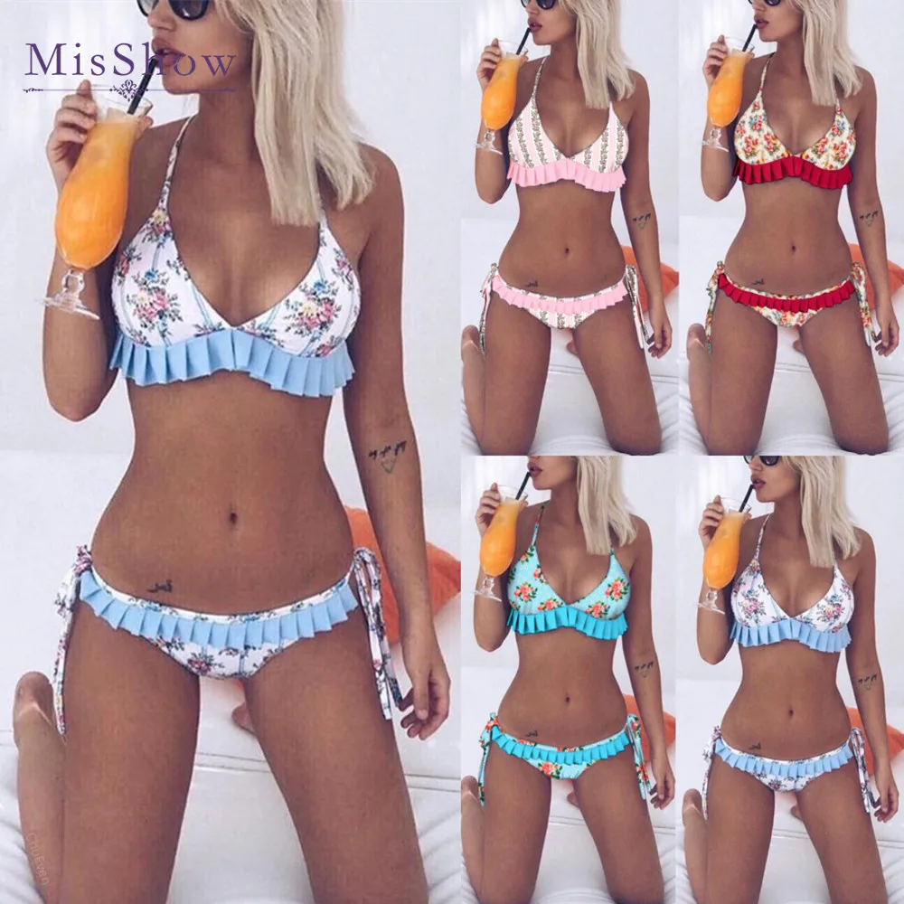 

Misshow 2019 Sexy Bandage Floral Printed maillot de bain Halter Bathing Suit Swimwear Women Brazilian Bikini Monokini Swimsuit