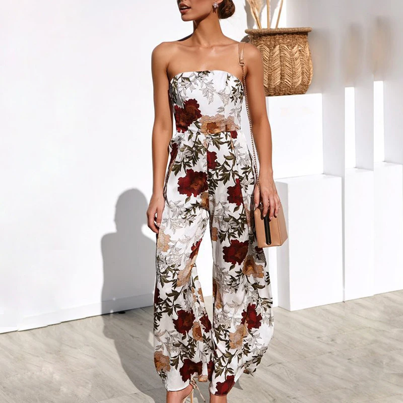 DORVIVON Sexy Backless Floral Print Boho Beach Jumpsuits Women 2019 Summer Sleeveless Rompers Elegant Wide Leg Jumpsuit Femme