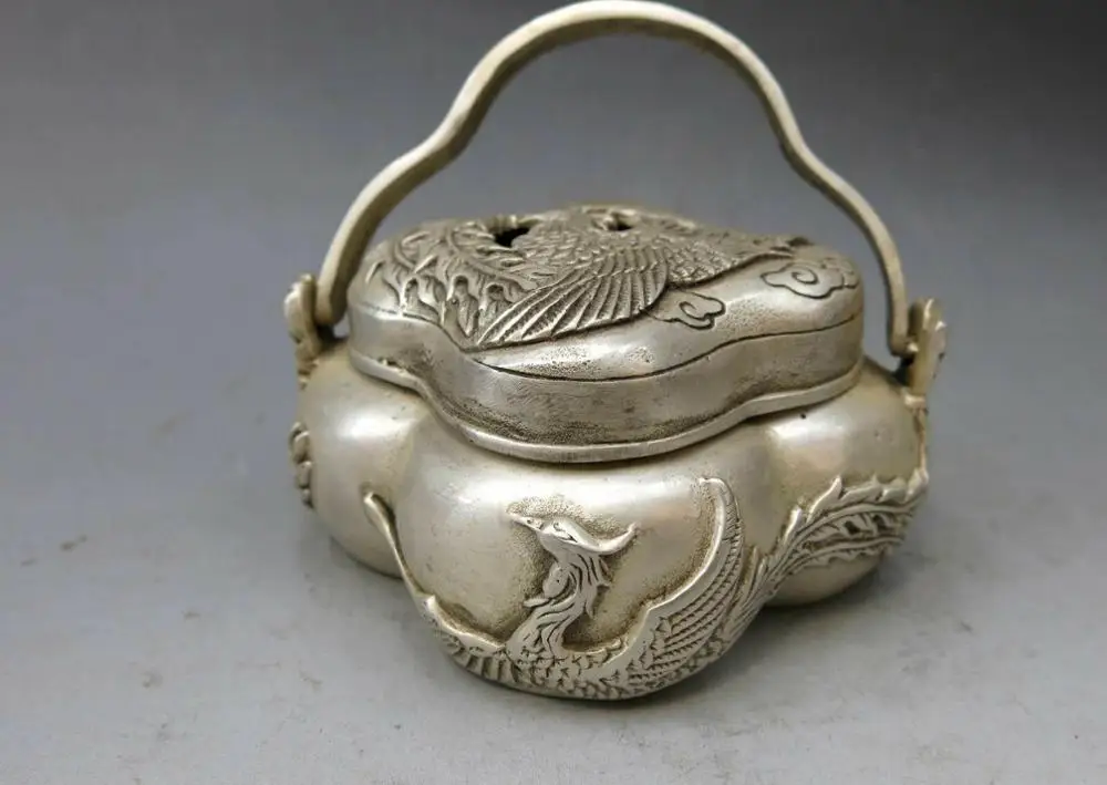 

China silver handwork carved beautiful censer fine phoenix incense burner Statue