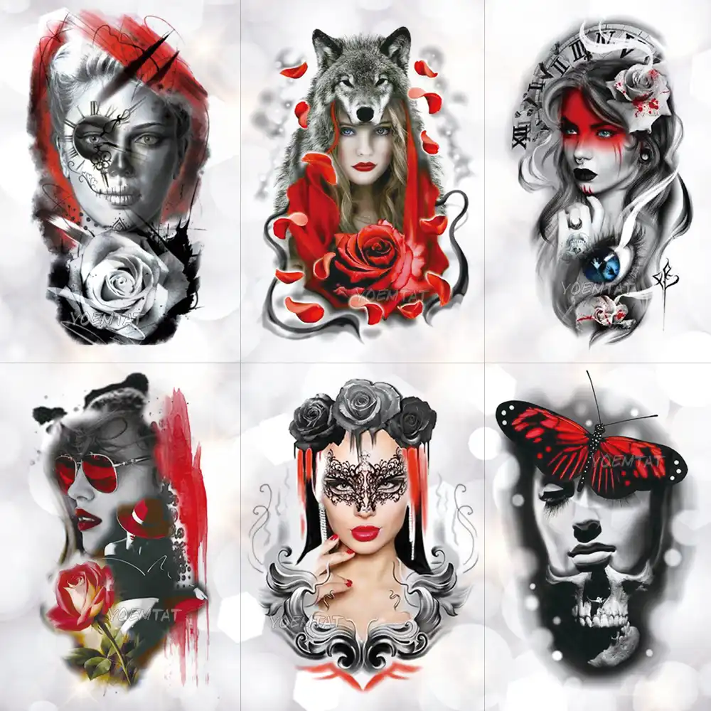 Wolf Head Cool Eyes Girl Temporary Tattoo Sticker Red Butterfly Lace Romantic Waterproof Tattoo Art Fake Tatoo For Women Temporary Tattoos Aliexpress