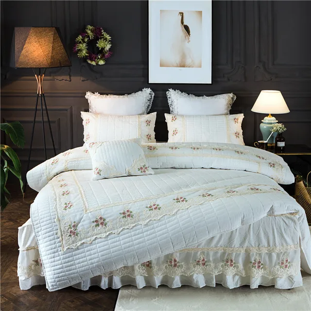 4Pcs Cotton Quilted lace embroidery luxury bedding sets queen king size