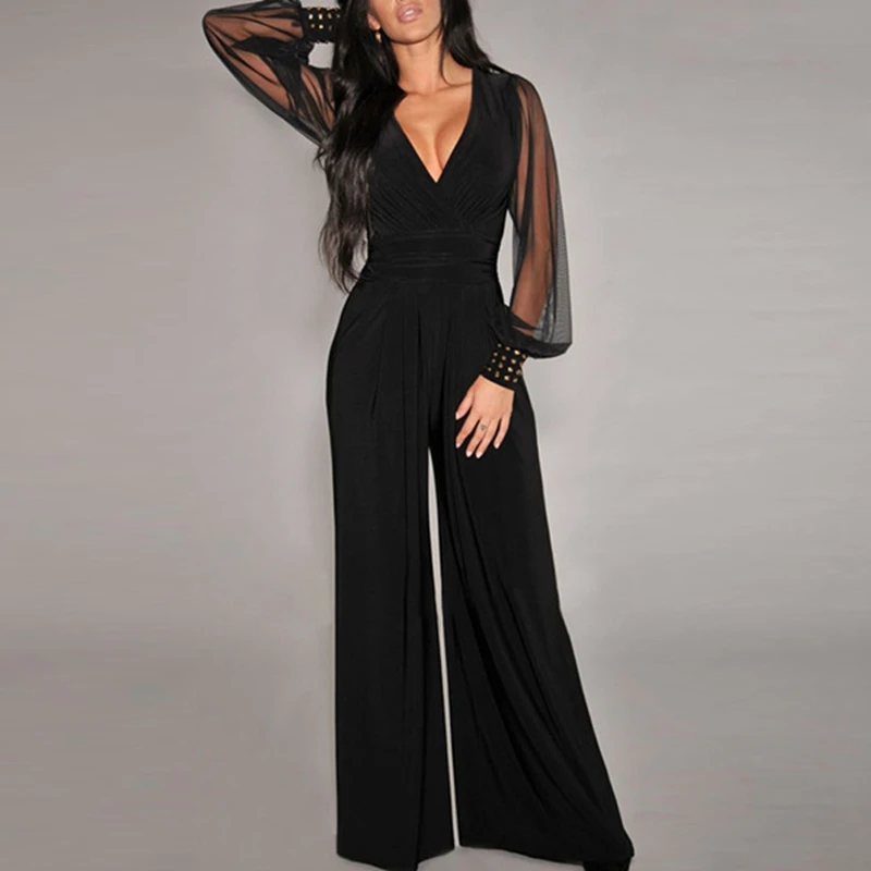Fioday Black Mesh Jumpsuit Women V-Neck Long Sleeve Summer Jumpsuit 2018 Office Work Wear Elegant Wide Leg Jumpsuit