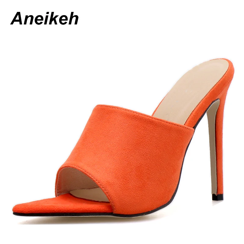 

Aneikeh 2019 New Summer High-Heeled Slippers Solid Faux Suede Shallow Mouth Wearing High-Heeled Open Toe Pointed Female Slippers