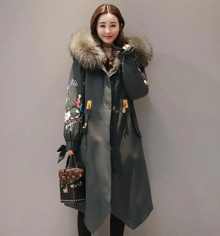 2018 Winter Jackets Women Embroidery Coats Big fur collar Hooded Down Jacket Warm Long Parka Women Thicken Cotton Jackets 1857