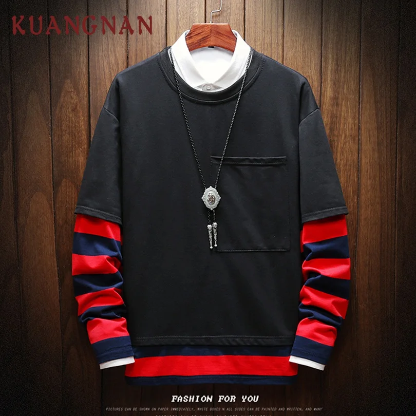 

KUANGNAN Striped Harajuku Sweatshirt Men Japanese Streetwear Sweatshirt Men Hip Hop Sweatshirts Men Clothing 5XL 2019 Spring New