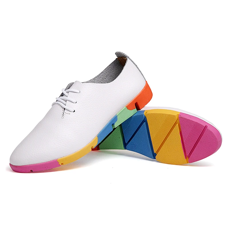 Women Shoes Casual Flats Loafer Cow Genuine Leather Soft Pigskin Lace Up Footwear 35-44