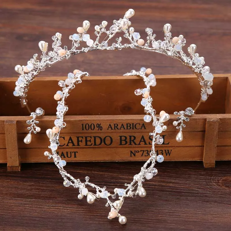 

Pearl Crystal Leaf Bride Tiara Necklace and Earring Set Headpiece Bridal Wedding Hair Accessories Jewelry Set for Women SL