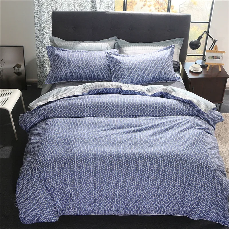 

Blue White Rectangle Pattern Home Textile Bedding Sets Duvet Cover Pillowcase Sheet Linen Twin Full Queen King Size 4Pc Soft