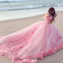 Розовое Пышное Платье для девочек; платья принцессы; платье Золушки с 3D цветок платье с открытыми плечами элегантное вечернее платье, тюль сладкий 16 платье