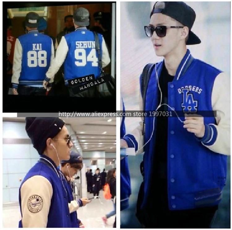 

EXO KRIS XIUMIN LUHAN LAY CHEN TAO D.O. SUHO BAEKHYUN CHANYEOL KAI SEHUN nama number PU sleeve thick blue Baseball Jacket