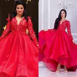 Элегантные бальные платья Высокий Низкий Длинные рукава красные вечерние платья мусульманские женские 2019 Ruched кружевные аппликации