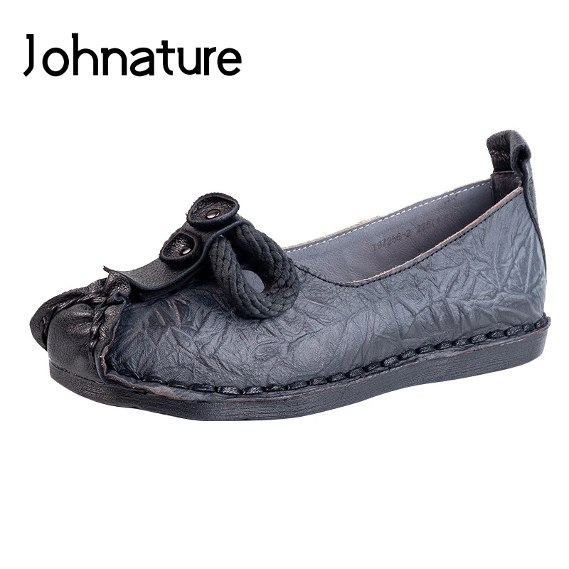 

Johnature New 2019 Spring/Autumn Genuine Leather Loafers Casual Round Toe Retro Shallow Slip-on Flats Women Shoes