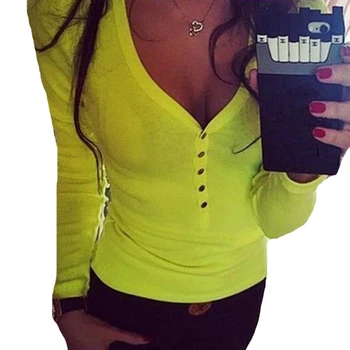 

YSDNCHI Long-sleeved Button V-neck Tops Casual Sexy Tees Fashion New Spring Women Slim Fit Shirts Plus Size Green White Tops