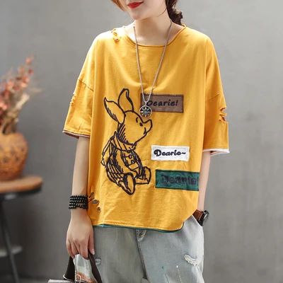 Женская летняя Модная брендовая китайская стильная винтажная хлопковая Футболка с вышивкой в виде поросенка, женские повседневные свободные футболки - Цвет: yellow