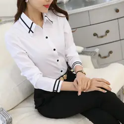 Белый синий плюс размер длинный рукав отложной воротник формальная элегантная женская рубашка женские топы школьная блузка
