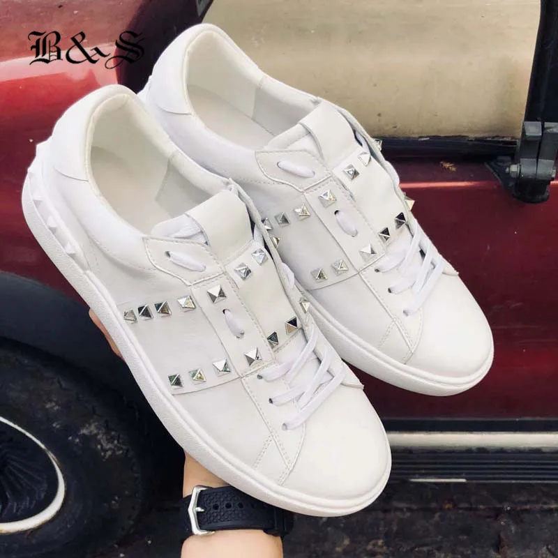 

Black& Street 2018 Summer Rivets cowhide Casual Leather Shoes Little White Lace Up Luxury Trainer Lovers Shoes