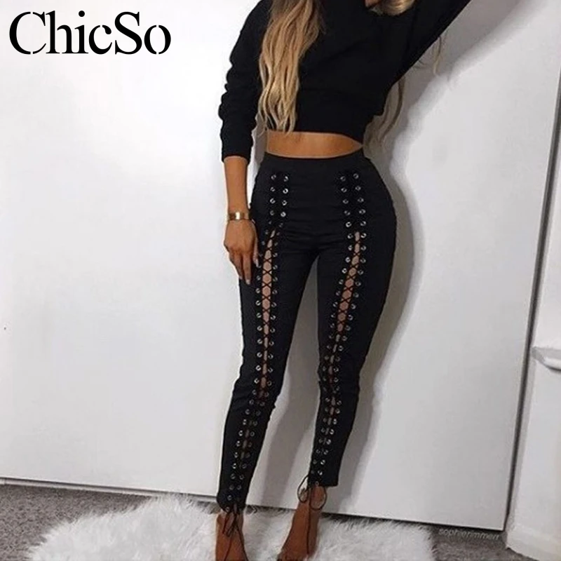 

MissyChilli Lace up casual sexy black pants Female hole leggings pants&capris women Punk style bottoms streetwear girls pants