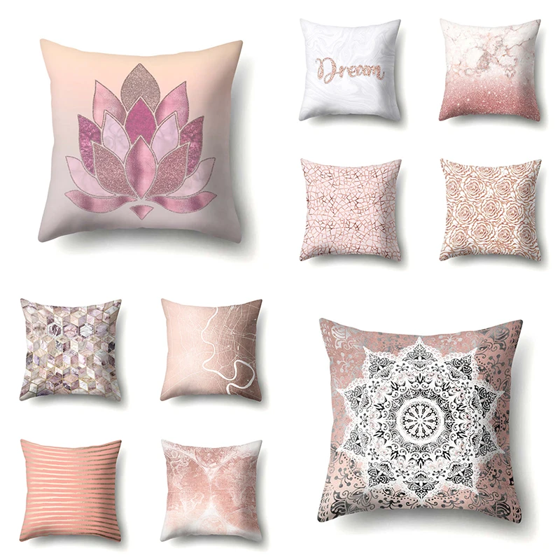 

Pink Flowers Cushion Cover 45x45cm Printed Plants Lotus Throw Pillow Covers Geometric Polyester Pillowcases Blink Lines Pillows