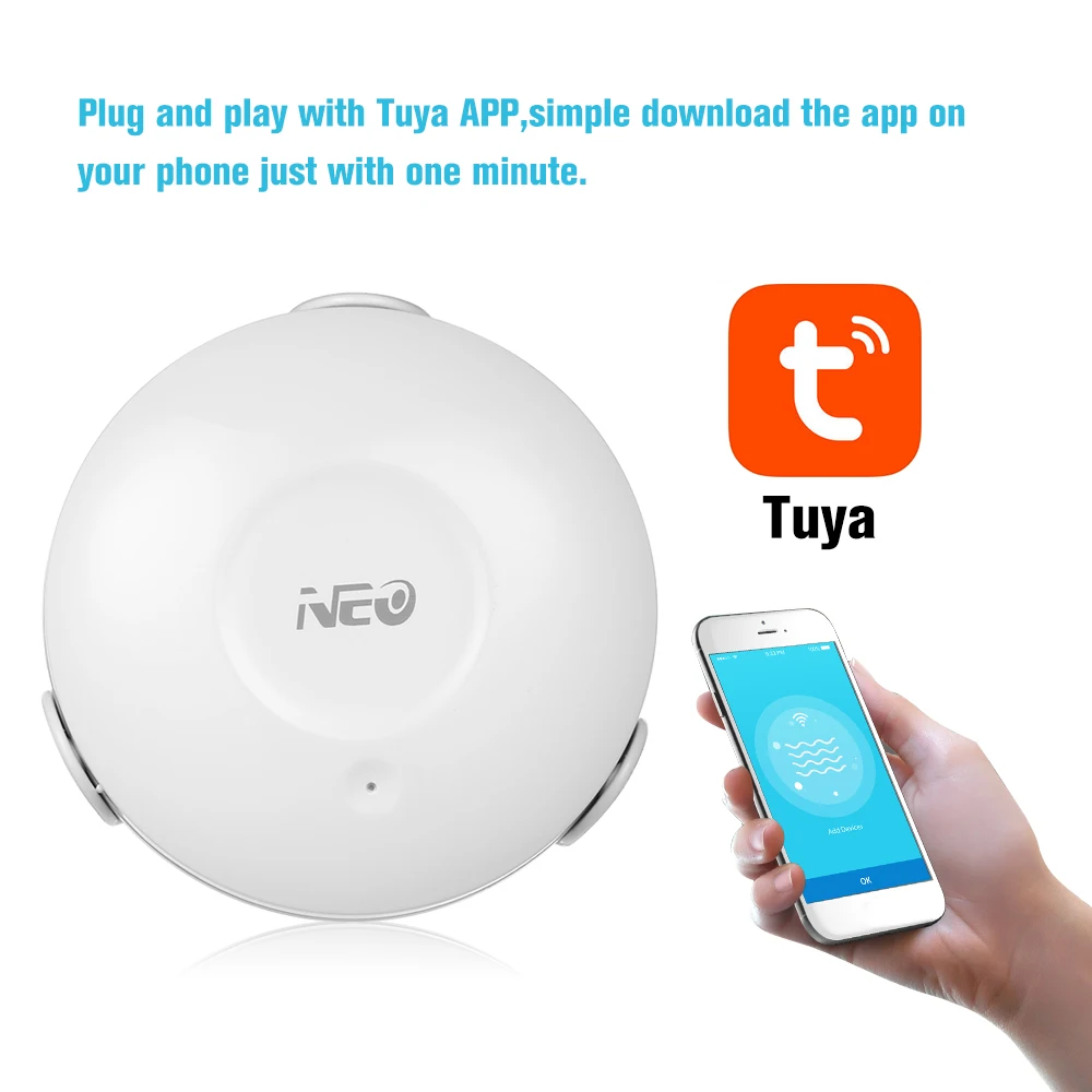 NEO Smart WIFI Water Flood Sensor WIFI Water Leakage Detector App Notification Alerts Water Sensor Alarm Leak Alarm Home Securit