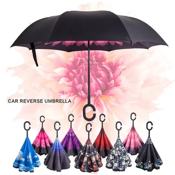 

Lotus Flower Color Windproof Reverse Folding Double Layer Inverted Rain Umbrella Self Stand Rain Protection C-Hook Hands For C