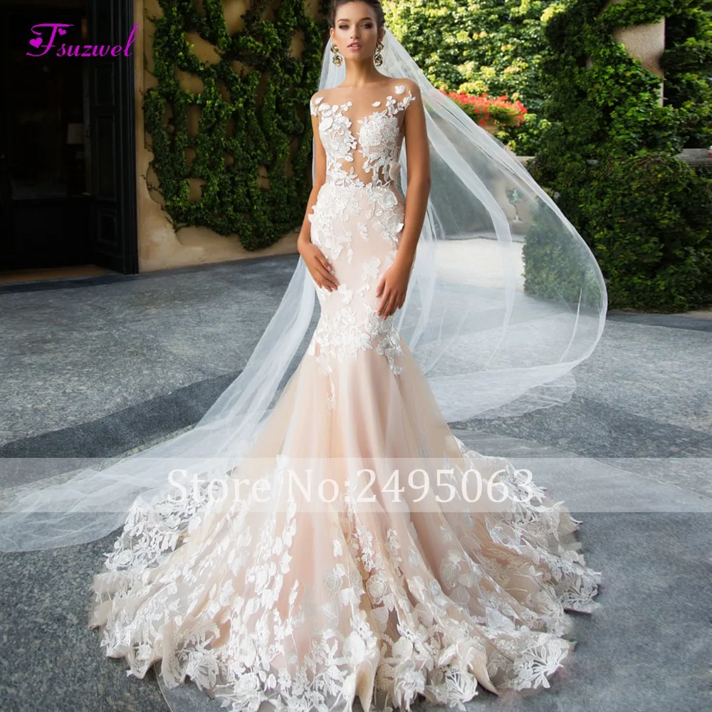 Fsuzwel Scoop длинное платье с открытой спиной De Mariage кепки рукавом Русалка Свадебные платья 2019 Роскошные Аппликации платье для невесты