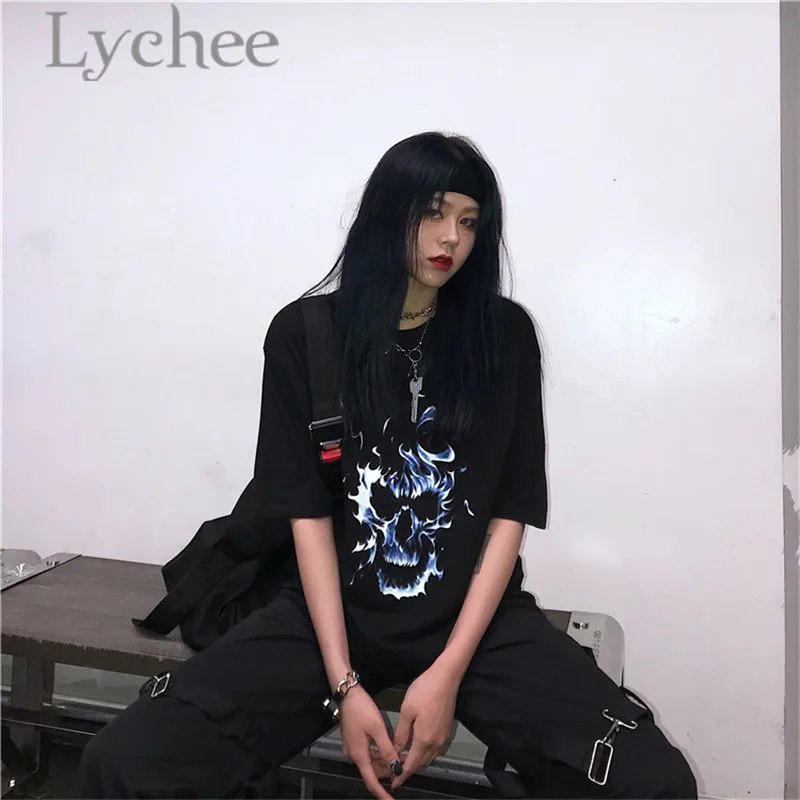 Lychee Harajuku Ghost Flame Print Lady Футболка Топ тройники круглый вырез свободный короткий рукав весна лето женские футболки Топ тройники