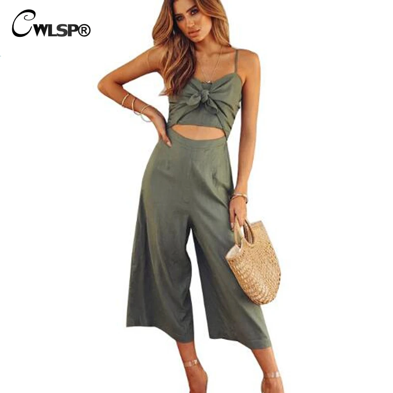 

CWLSP Tie up Front Solid Loose Strap Jumpsuits Casual Hollow Out Beach Jumpsuit Holiday overalls rompers body feminino QL3950