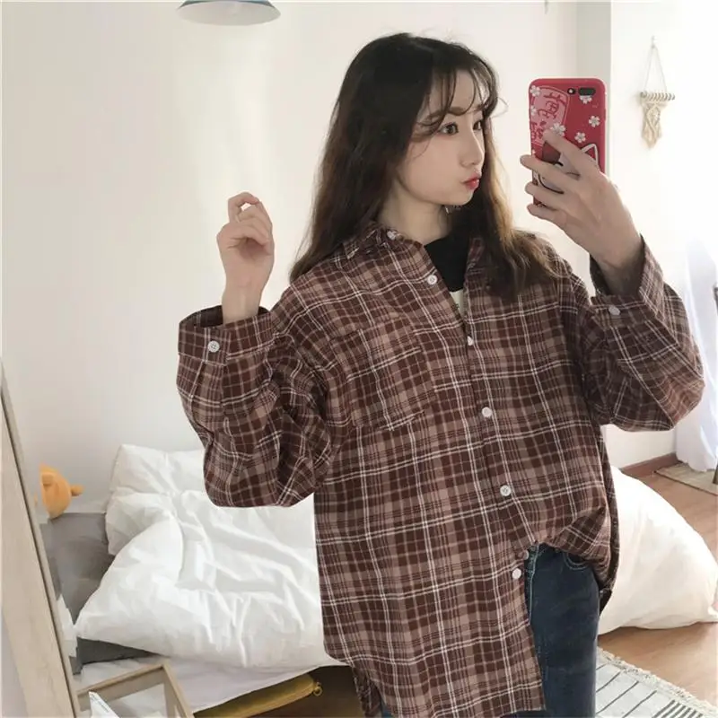 Loose Polo Summer Vintage Collar Plaid Shirt Women's Shirts Kawaii ...