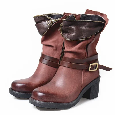 coffee(leather in) Prova Perfetto Одежда высшего качества Новинка зимы толстый каблук женские полусапожки с боковой молнией квадратный носок Ретро зеленый ботинки Martin - Цвет: coffee(leather in)