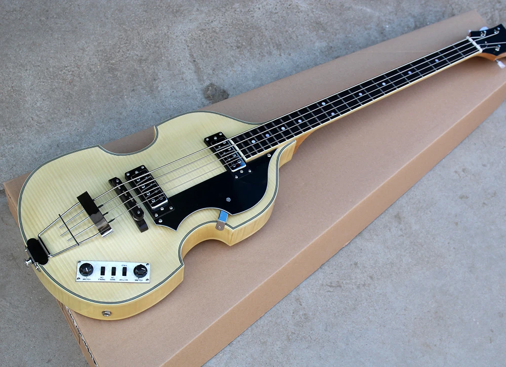 

Wholesale 4 Strings Electric Bass Guitar with White Tuner,Flame Maple Veneer,Black Pickguard,offering customized services