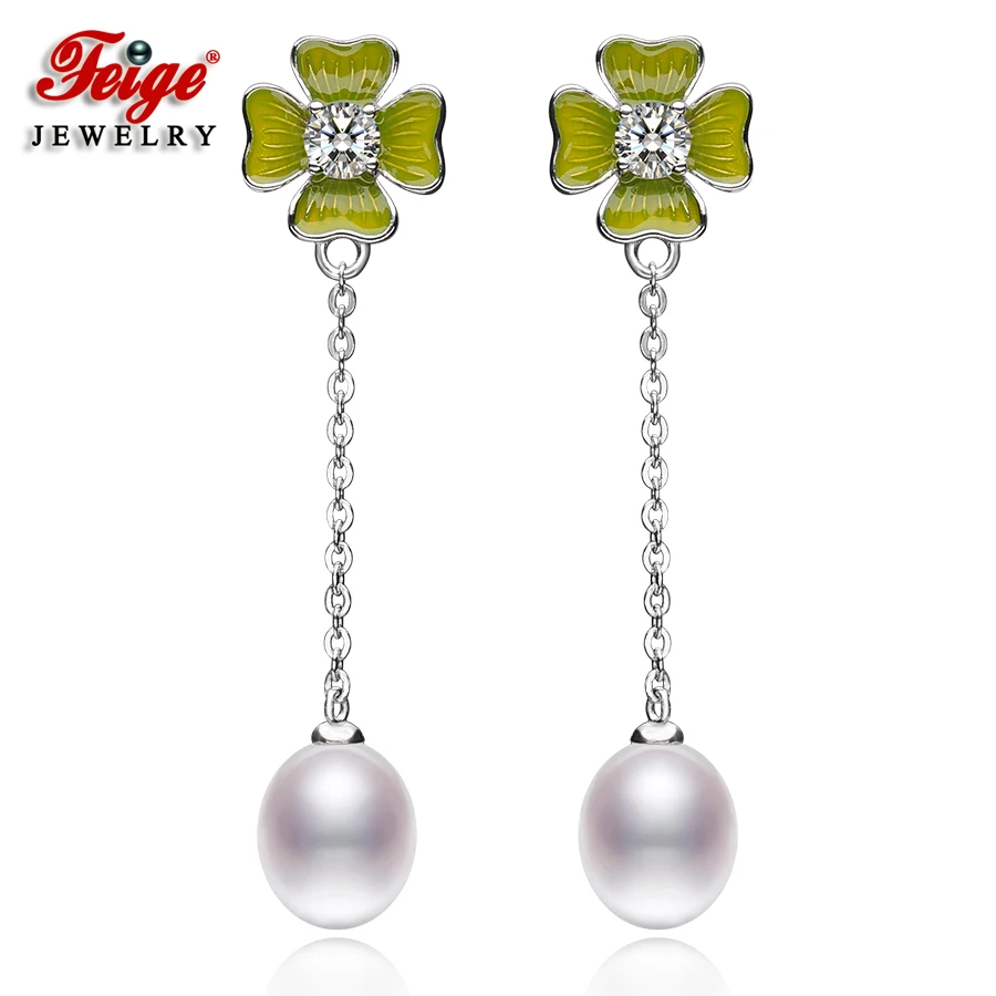

FEIGE 8-9mm Rice-shape White Freshwater Pearl Long Earrings Real 925 Silver Earring Female Pearl Jewelry Femenino Pendientes