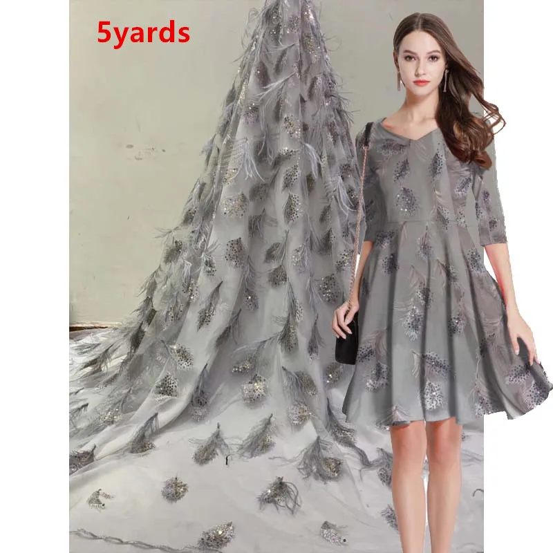 

beautiful feathers design 2019 the latest net tulle lace fabric with sequins for wedding and party free shipping XHJUL031
