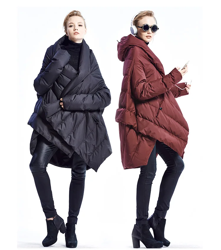 Зимний модный бренд, Асимметричная Длина, выше колена, длинное Настоящее пуховое пальто, женский плащ, стильный дизайн, теплые пуховые парки wq638