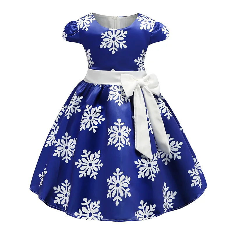 Одежда для маленьких девочек Новинка года; платье с короткими рукавами и бантом для девочек рождественское платье принцессы с принтом снежинки для маленьких девочек; От 3 до 9 лет