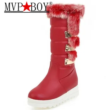 

MVP BOY Size 34-43 Cold Winter Shoes Women Warm Fur Inside Mid Calf Snow Boots Women Metal Decoration Platform Winter Botas