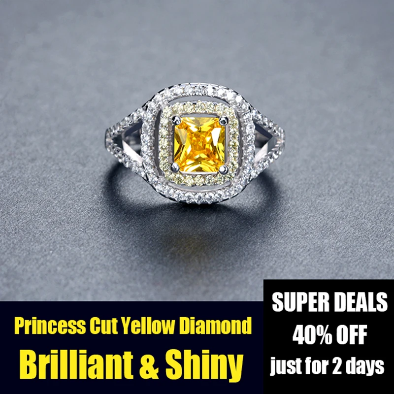 ORSA JEWELS Luxury Princess Cut Yellow Zircon Wedding Ring with Micro Paved Clear and Yellow CZ Fashion Rings for Women OR50