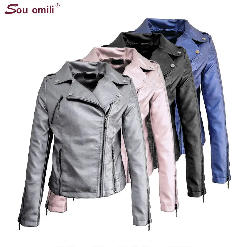 

Double Chains Pink Leather Jacket Women Coats chaqueta Blazer Jack leren jas with Pocket blouson Suit cuir femme chaqueta mujer