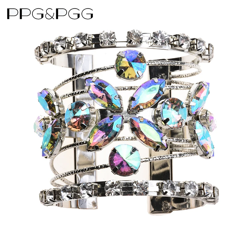 

PPG&PGG New Design Fashion Shiny Crystal Cuff Bangles Bracelets Jewelry for Women Hot Brand Wide Wedding Sexy Bangles