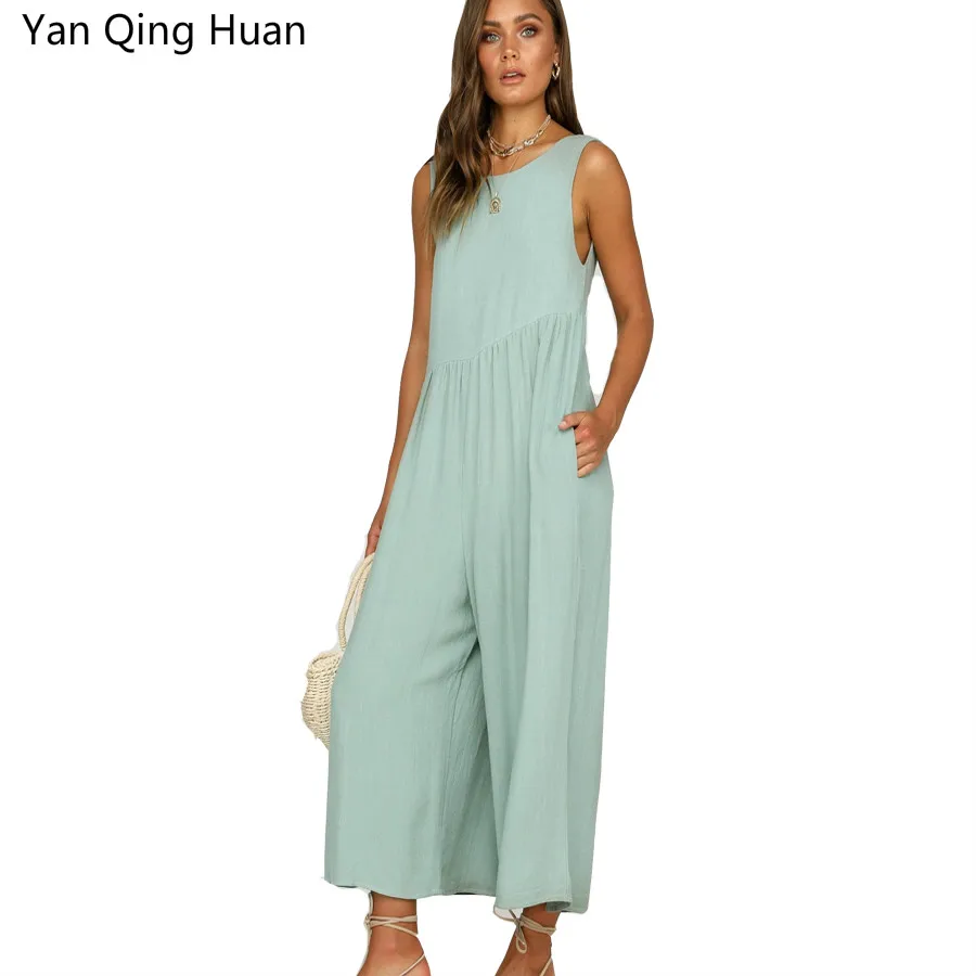 

Yan Qing Huan Summer Explosion Models Solid Color Women's Casual Jumpsuit Round Neck Vest V-neck Sexy High Waist Loose Trousers